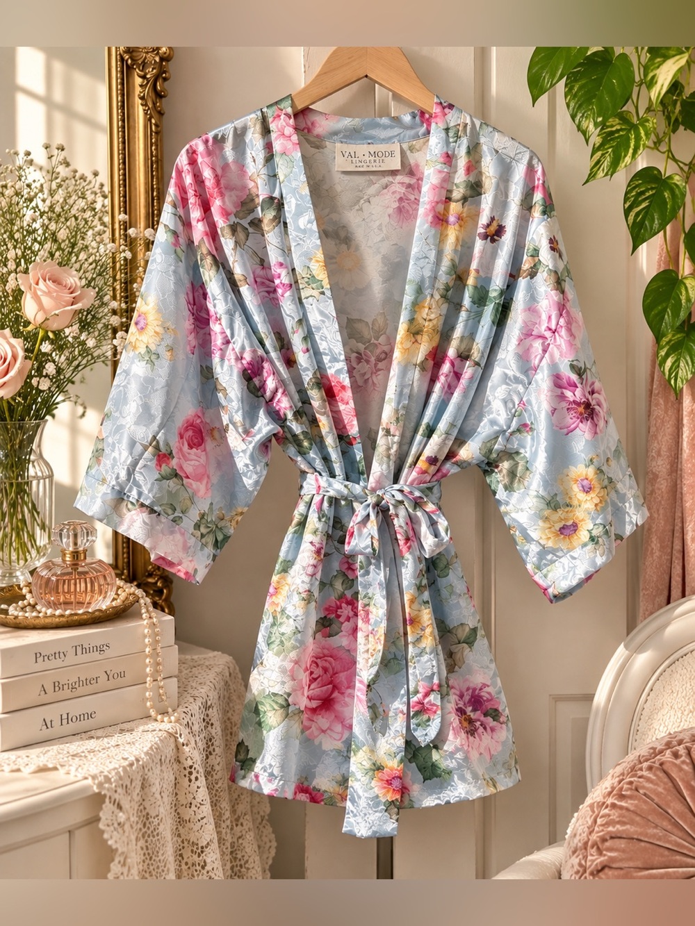 Val Mode Lingerie Floral Satin Robe Blue Pink Rose Kimono Belted Vintage